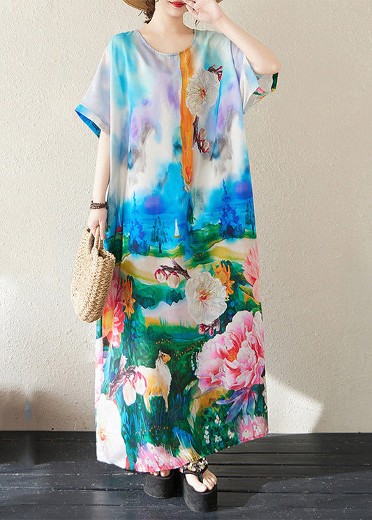 Blue Oversized Tie Dye Cotton Maxi Dresses Summer