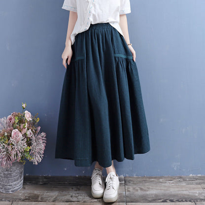 Retro Cotton Linen Autumn Pleated Skirt