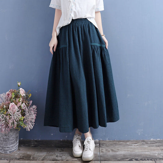 Retro Cotton Linen Autumn Pleated Skirt