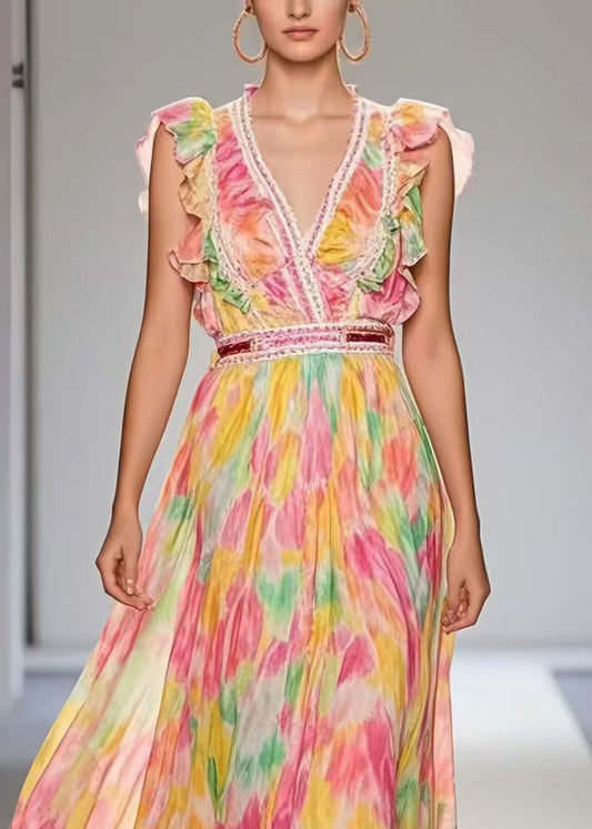 Pink Ruffled Print Exra Large Hem Chiffon Party Dress Sleeveless