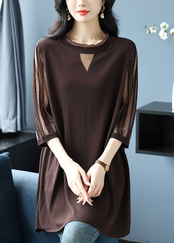 Green O Neck Patchwork Ice Silk Knitted Tops Half Sleeve