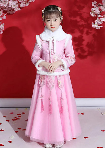 Fine Champagne Peter Pan Collar Warm Fleece Tassel Kids Coats and Tulle Skirts Two Pieces Set Long Sleeve