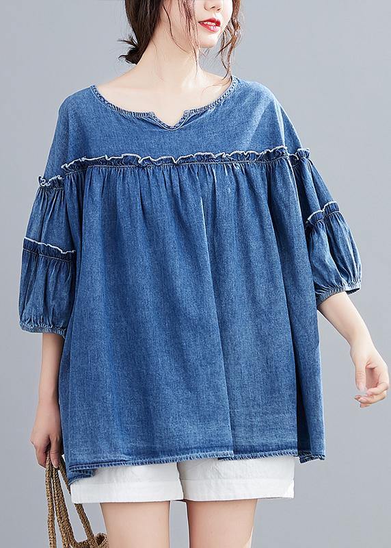French V Neck Lantern Sleeve Cotton Summer Top Outfits Denim Blue Shirts