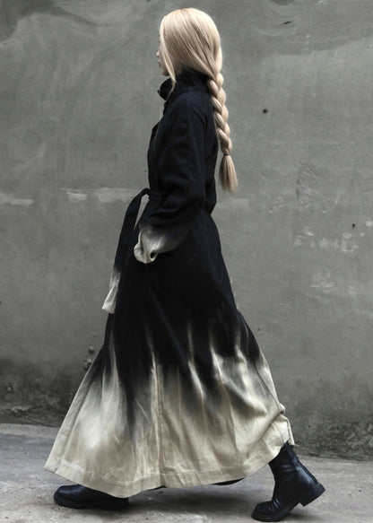Gradient Color Tie Waist Pockets Denim Long Coats Long Sleeve