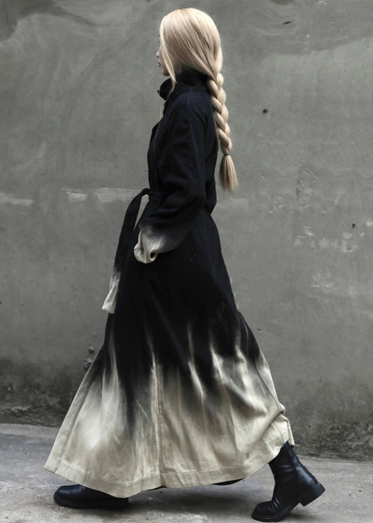 Gradient Color Tie Waist Pockets Denim Long Coats Long Sleeve