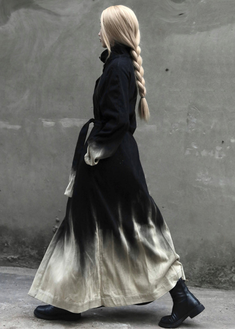 Gradient Color Tie Waist Pockets Denim Long Coats Long Sleeve