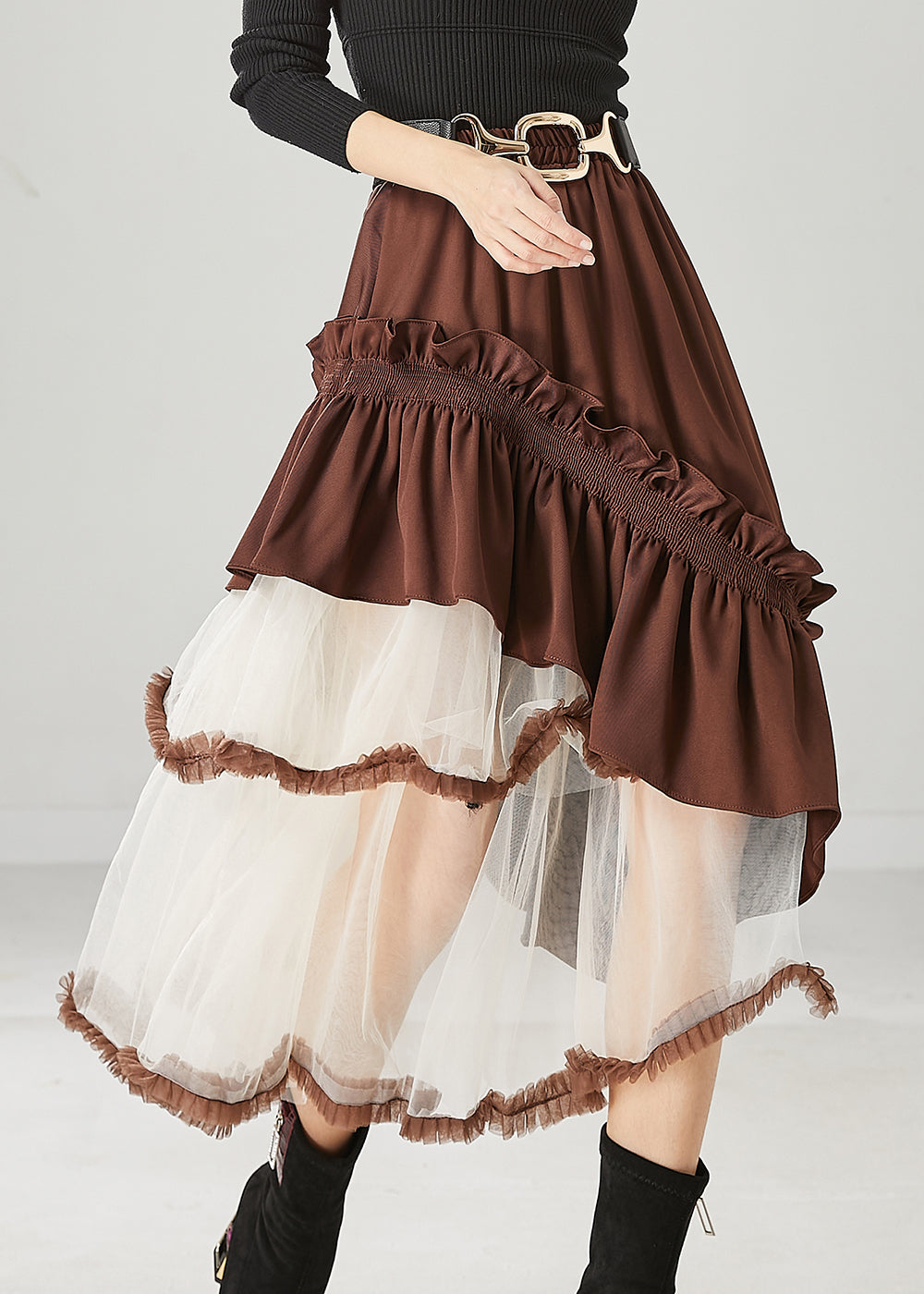 Brown Asymmetrical Patchwork Ruffled Tulle Skirts Spring