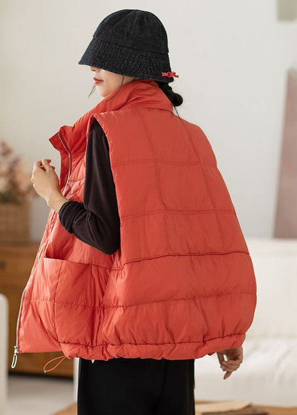 Red Stand Collar Zip Up Pockets Drawstring Duck Down Vest Winter