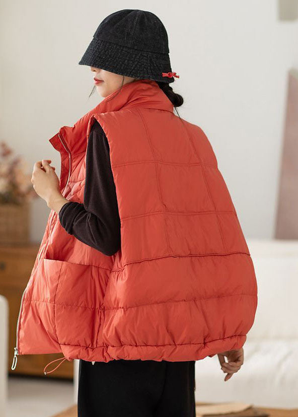 Red Stand Collar Zip Up Pockets Drawstring Duck Down Vest Winter