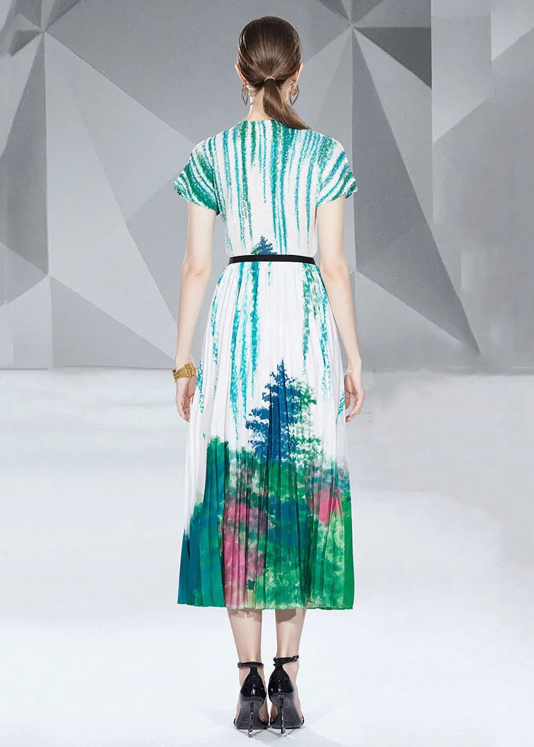 Italian Green Print Wrinkled Cotton Tops and Pleated Skirt Two Pieces Set Summer