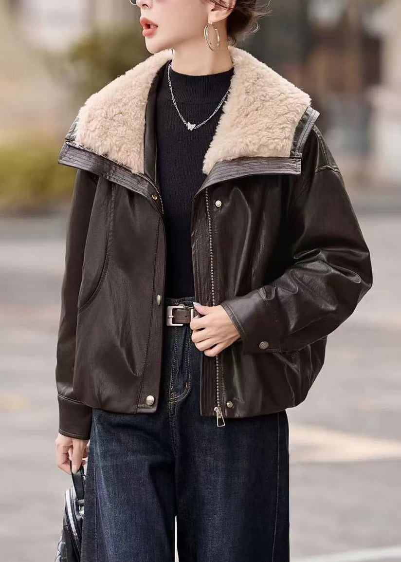 Chocolate Fur Collar Oversized Duck Down Faux Leather Coats Winter