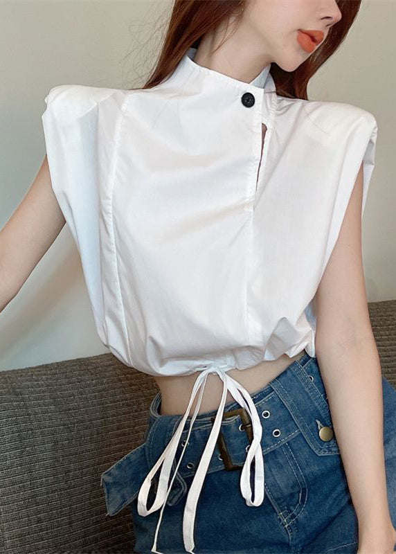 White Stand Collar Drawstring Cotton Blouse Top Sleeveless