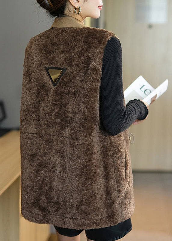 Fine Coffee Notched Patchwork Button Faux Fur Waistcoat Fall