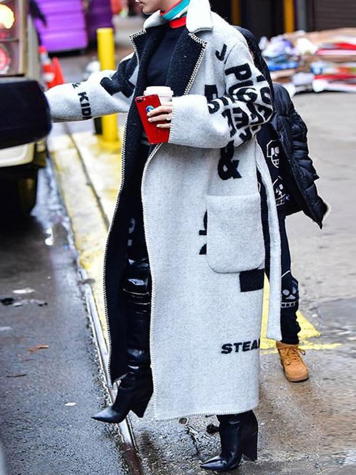 Letter Print Pocket Long Woolen Coat