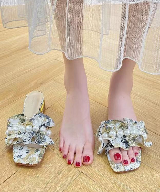 Diy Light Yellow Pearl Faux Leather Peep Toe Thong Sandals