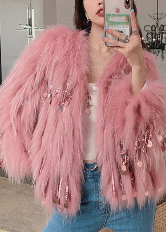 Novelty Pink Fox Collar Tassel Leather and Fur Coats Winter