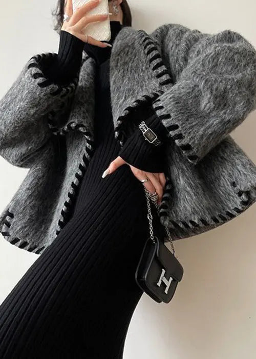 Loose Grey Pockets Patchwork Coat and Skirts Wool Two Pieces Set Long Sleeve