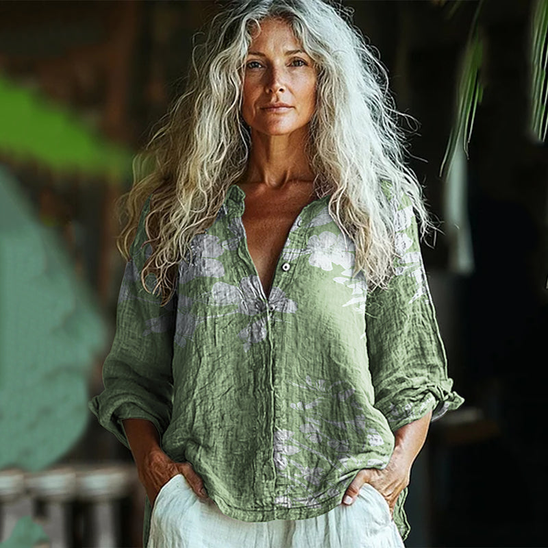 Bohemian Style Linen Floral Art Print  Long Sleeve Shirt elevenforest