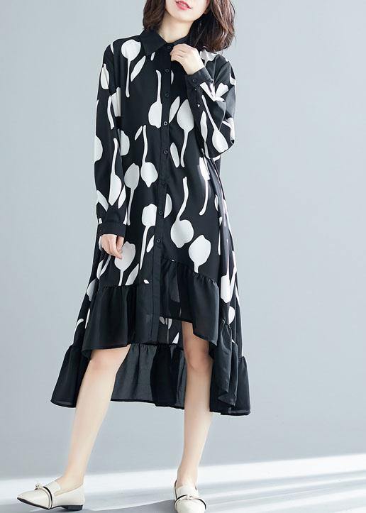 Style Low High Design Cotton Dress Work Outfits Black Prints Shirt Dresses Summer