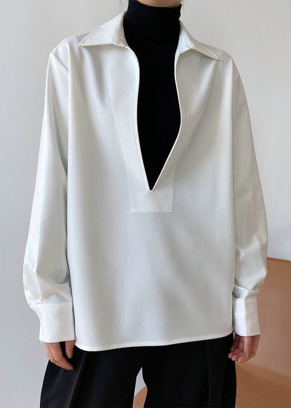 Simple White V Neck Cotton Shirts Top Long Sleeve