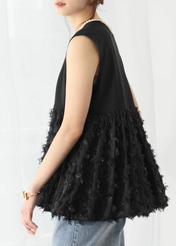 Black Patchwork Cotton a Line Tops Tasseled Sleeveless
