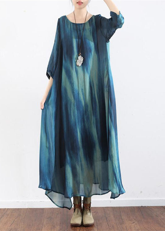 The Sea Blue Print Silk Dresses Causal Long Silk Caftans Oversize Gowns Bracelet Sleeves