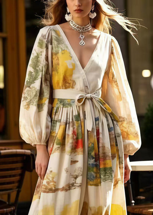 Apricot Tie Waist Print Cotton Holiday Dress Spring