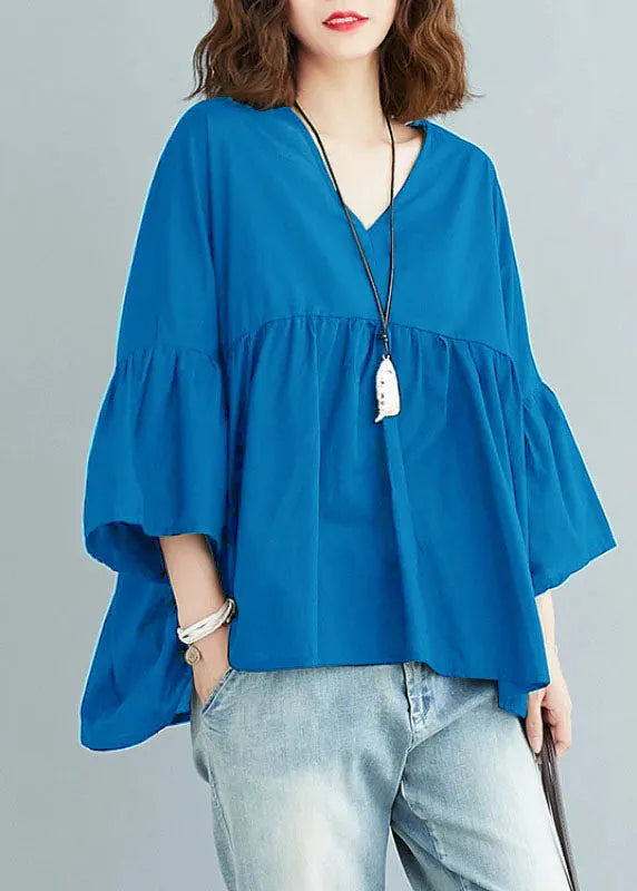 Green V Neck Patchwork Asymmetrical Design Fall Top Three Quarter Sleeve