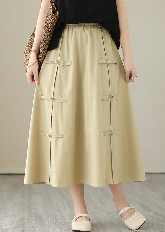 Style Khaki Chinese Button Cotton a Line Skirt Summer