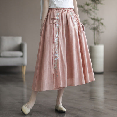 Double Cotton Linen Embroidered Buckle A-line Skirt