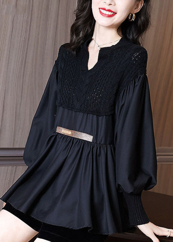 Black V Neck Knit Patchwork Chiffon Shirt Top Long Sleeve