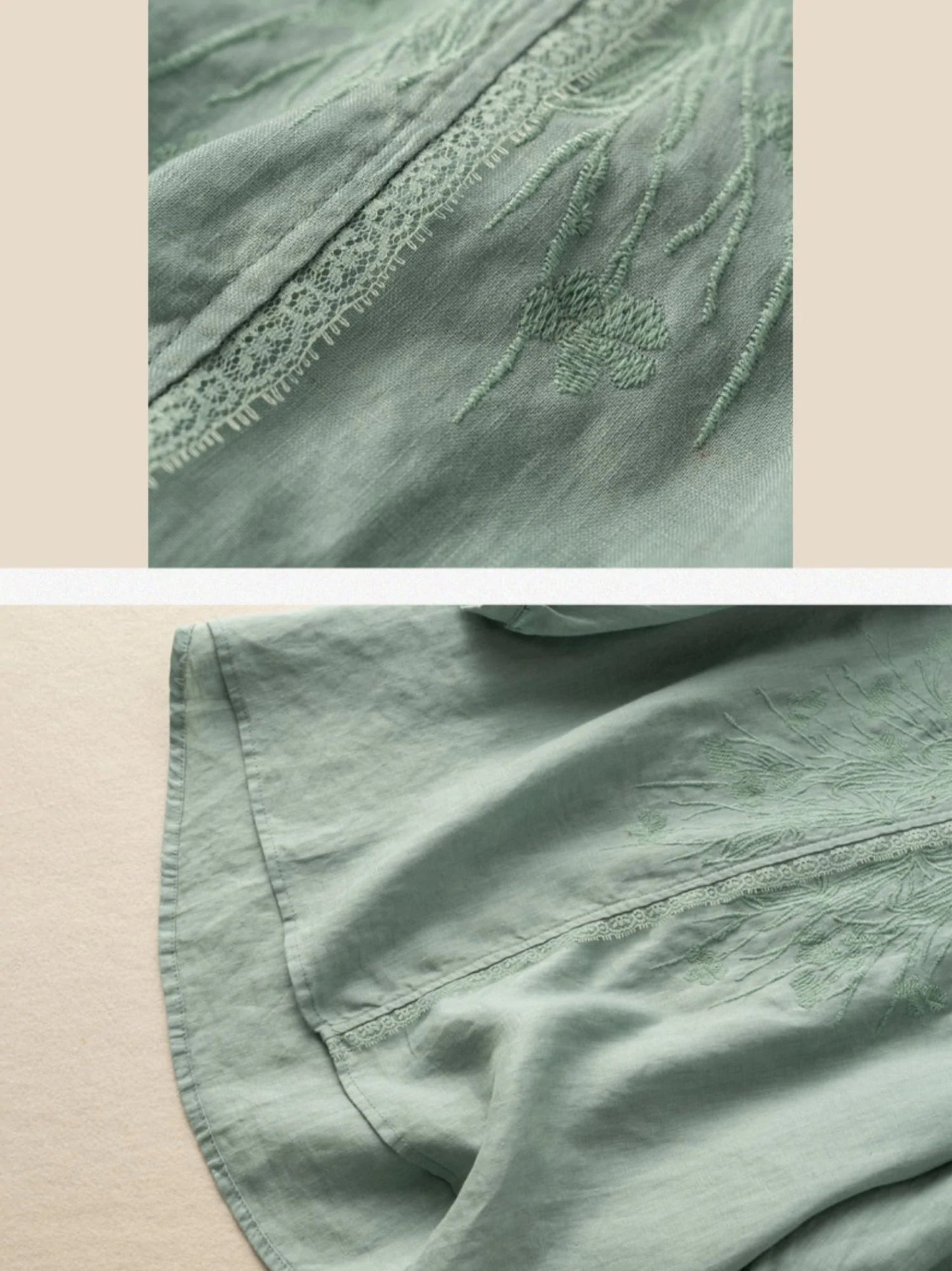 Embroidered V Neck 3/4 Sleeve Linen Tee Top