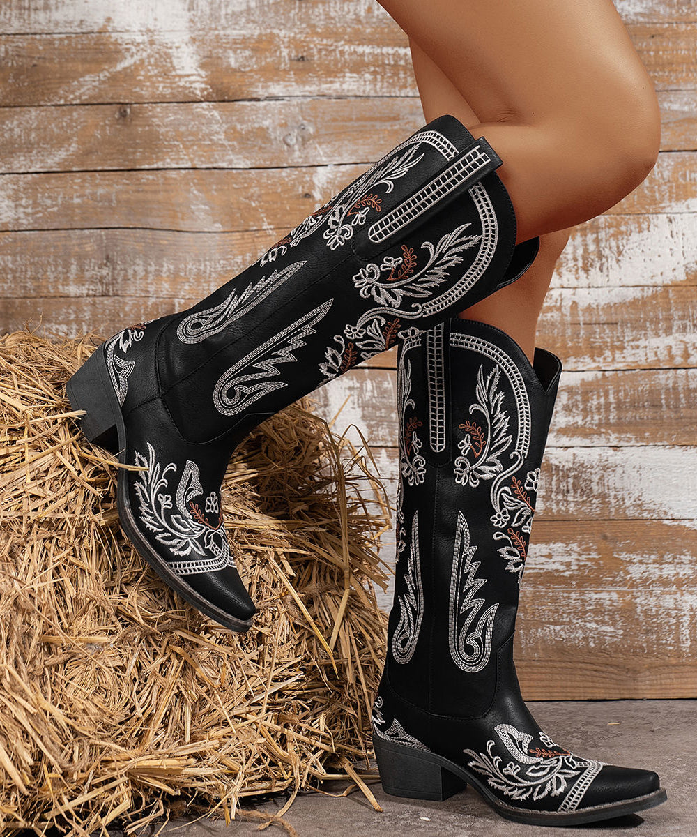 Black Splicing Faux Leather Chunky Boots Embossed