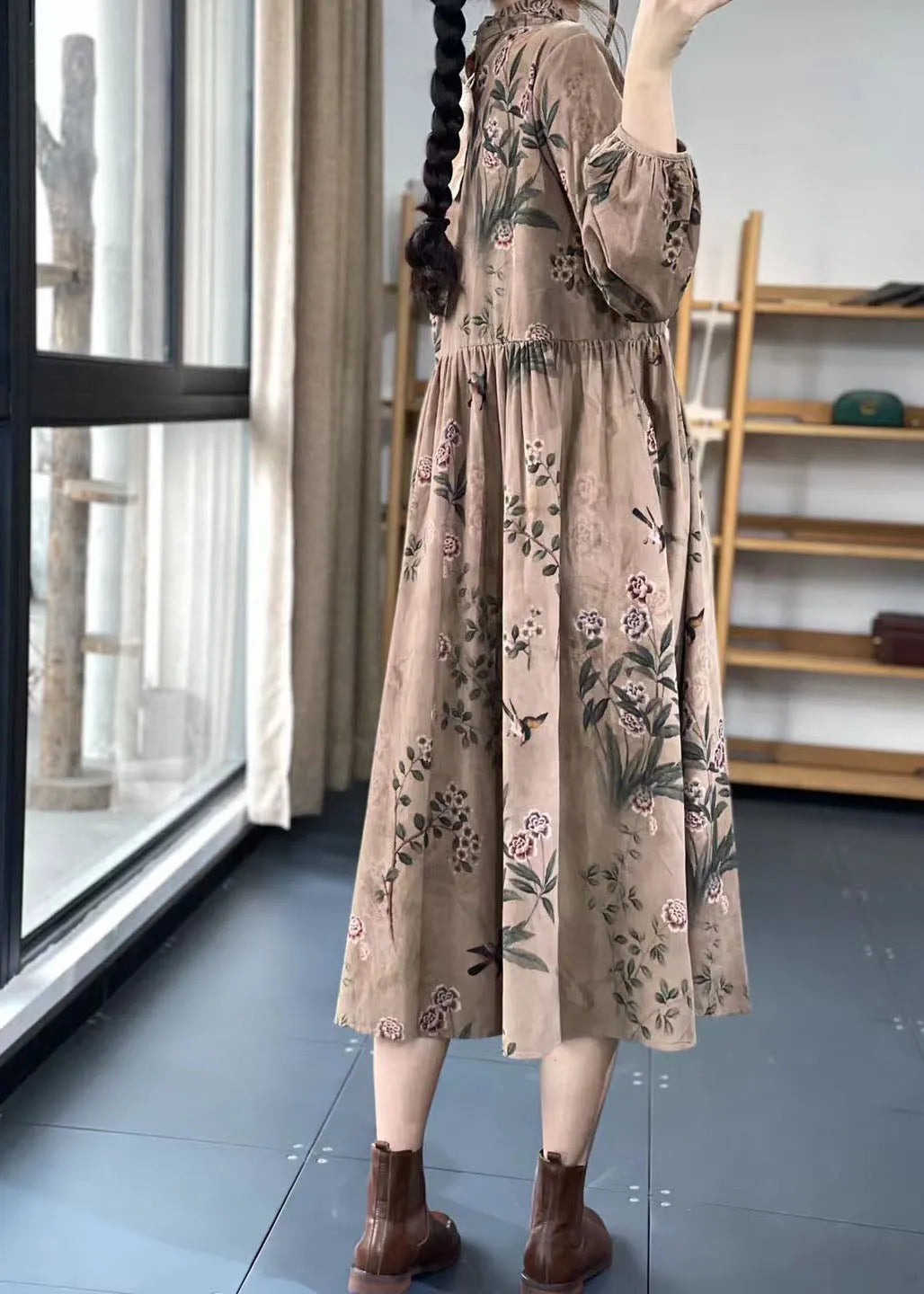 Khaki Button Ruffled Print Dress