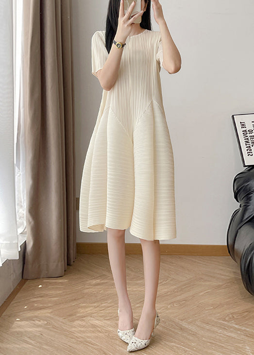 Beige Wrinkled High Waist Cotton Dresses