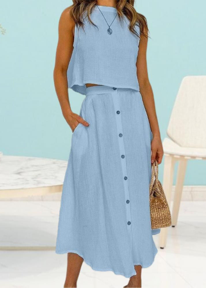 Brief Blue O-neck Top and Maxi Skirts Two Piece Set Summer