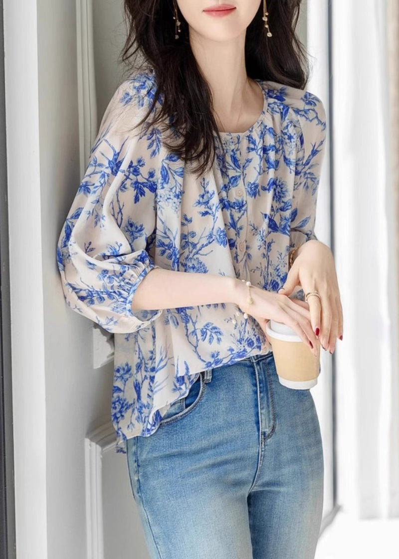 Blue O-neck Print Chiffon Top Summer