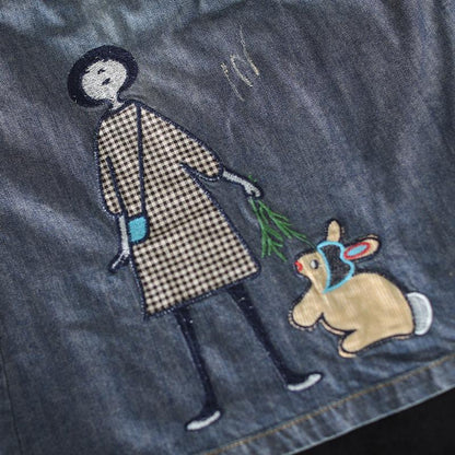 Cozy Thin Cartoon Embroidered Patch Swing Denim Skirt
