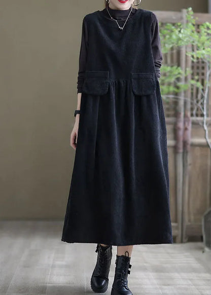 Black Pockets Corduroy Robe Dresses Sleeveless
