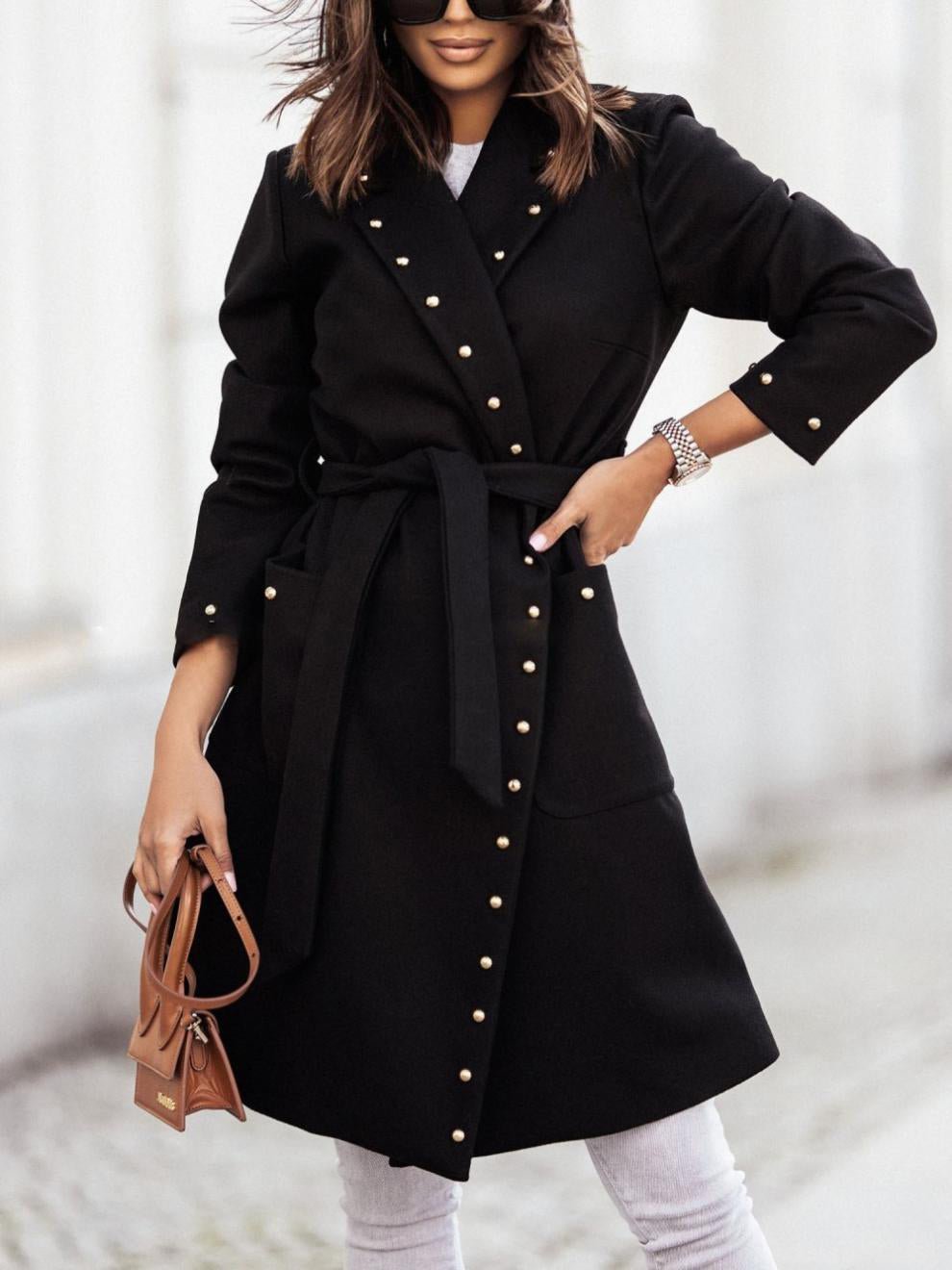 Coats Simple Double Breasted Rivet Lapel Wool Coat
