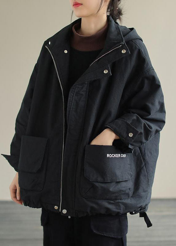 Unique Black Hooded Pockets Winter Cotton Coat Long Sleeve