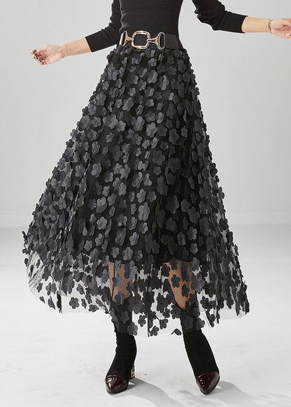 Handmade Black Appliqued Tulle a Line Skirts Fall