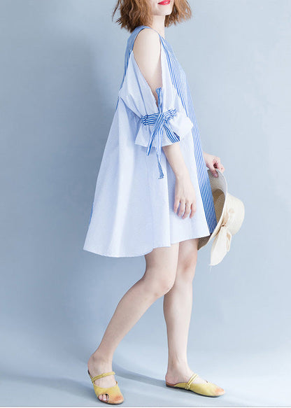 Blue Striped Cotton Clothes Fabrics Off the Shoulder Summer Dresses