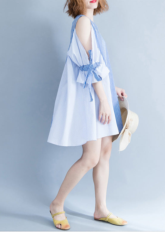 Blue Striped Cotton Clothes Fabrics Off the Shoulder Summer Dresses
