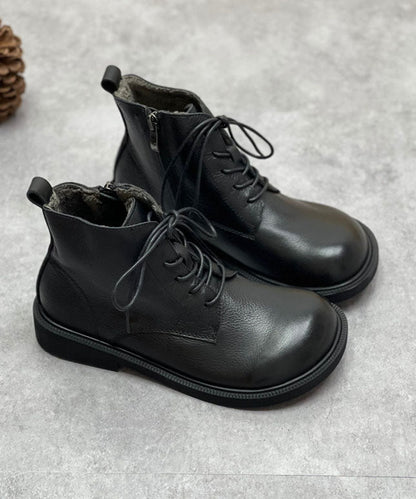 Coffee Boots Cowhide Leather Warm Fleece Lace Up Boots
