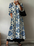 Women's Vintage Lovely Floral Art Print Pocket V-neck Cotton Dress