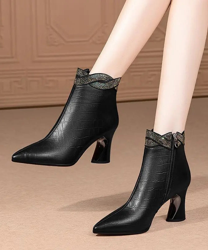 Black Pointed Toe Cowhide Leather Boots Splicing Zircon
