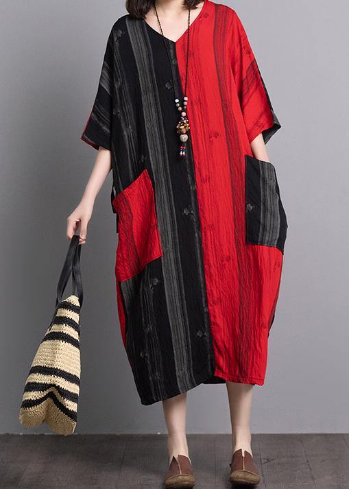 Classy V Neck Pockets Linen Outfit Sewing Black Red Patchwork Dresses Summer