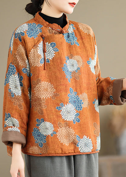 Orange Stand Collar Print Fine Cotton Filled Top Spring