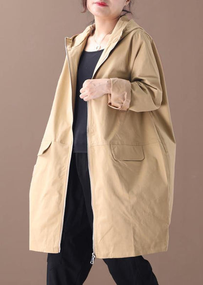 Khaki Trench Coat Work Hooded Zippered Fall Coat